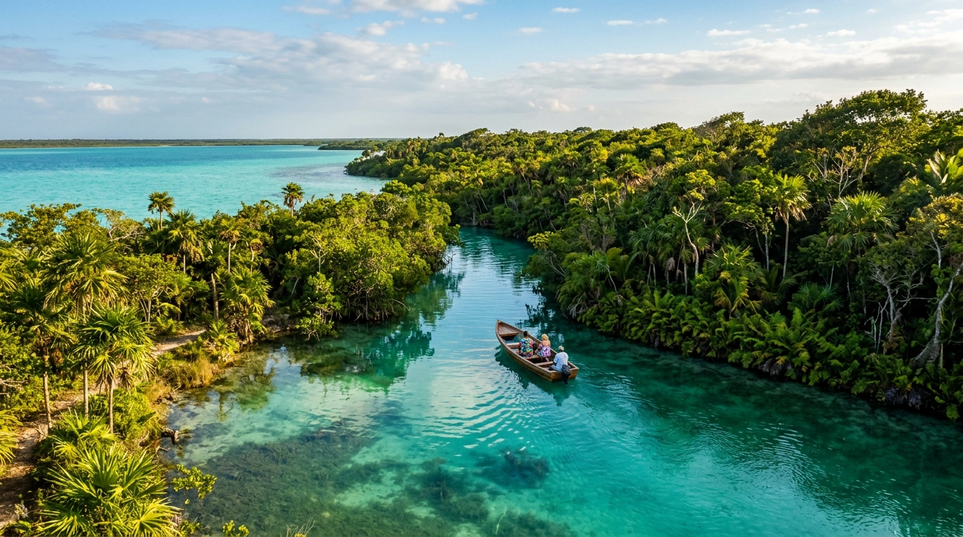 A boat exploring a turquoise waterway from the Living Dreams Muyil collection